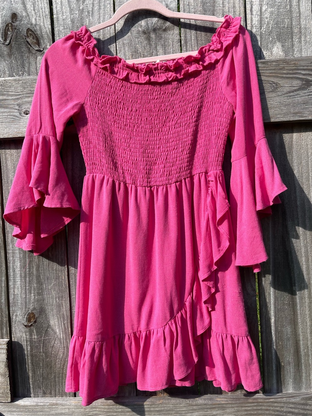 entro Pink Fuchsia Ruffled Off-Shoulder Smocked Dress Sz S